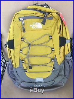 yellow and grey north face backpack