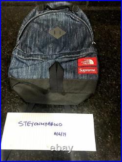 100% Authentic Supreme North Face Denim Day Pack Backpack LV Blue Red Box Logo