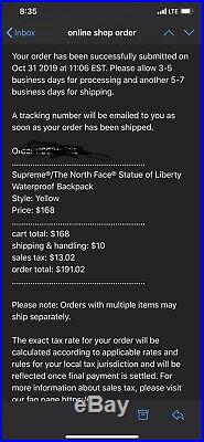 Supreme North Face Statue of Liberty Waterproof Backpack YELLOW ORDER CONFIRMED