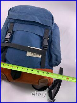 Vtg 70's The North Face Leather Bottom Day Pack Backpack USA Navy Blue Brown tag